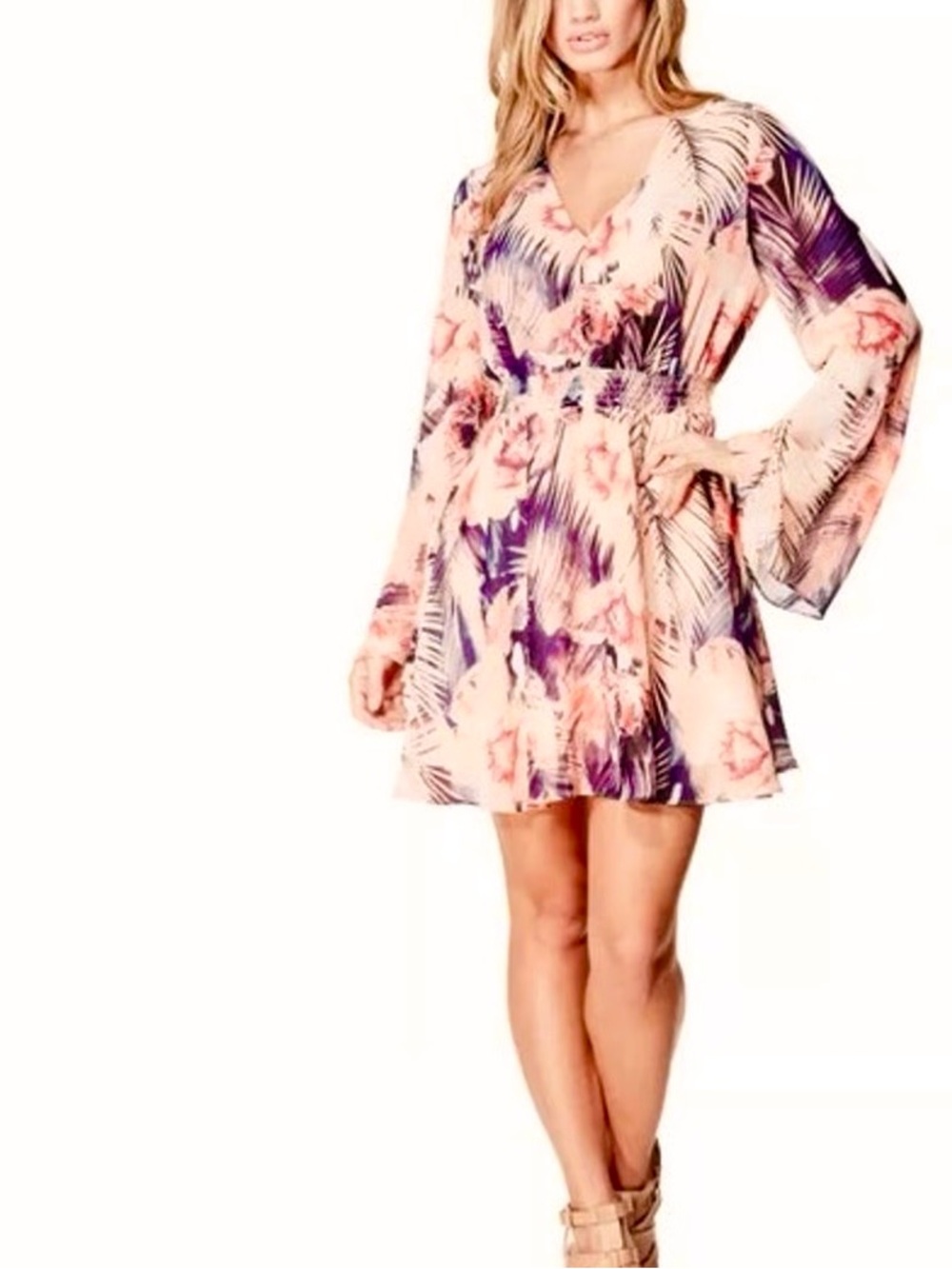 Guess Floral V-Neck Bell Sleeve Dress in Blush and Purple